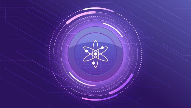 Cosmos coin banner. ATOM coin cryptocurrency concept banner background.