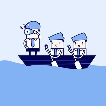 Businessmen in rowing boat two rowers one captain manager boss leader. Cartoon character thin line style vector.