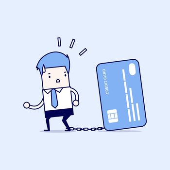 Businessman with foot chained to bank credit card trying to escape. Cartoon character thin line style vector.