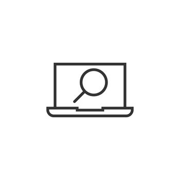 Computer search icon in flat style. Laptop with magnifying glass vector illustration on white isolated background. Device display business concept.