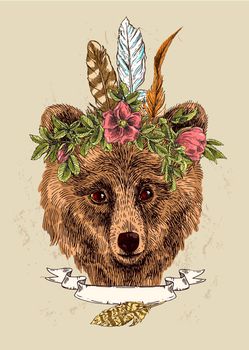 Beautiful hand drawn vector illustration sketching of bear. Tattoo style drawing. Use for postcards, print for t-shirts, posters.