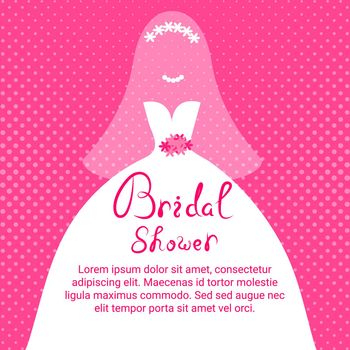 bridal shower invitation. Wedding dress necklace veil flowers bridal shower invitation lettering template. pink background. Vector illustration