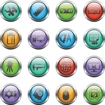 engineering vector icons on color glass buttons