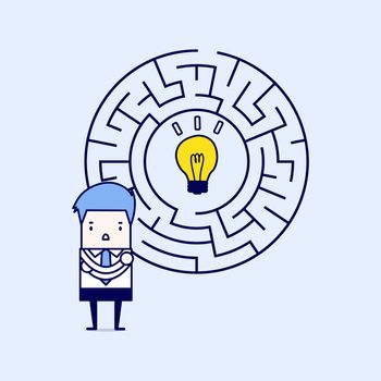 Businessman in front of a huge maze and finding direction to idea bulb. Cartoon character thin line style vector.