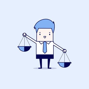 Businessman carrying a balance scale with both hands. Cartoon character thin line style vector.