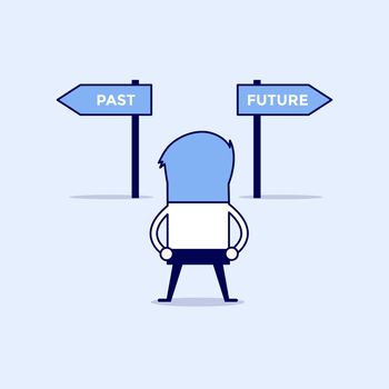Businessman decision about past and future way. Cartoon character thin line style vector.