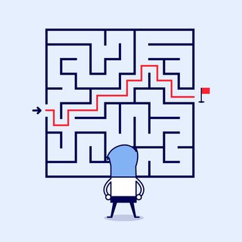 Businessman standing in front of a maze with a solution to success. Cartoon character thin line style vector.