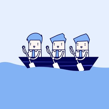 Businessman rowing team, Teamwork concept. Cartoon character thin line style vector.