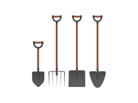 Short Handle Shovel and Spade is a three color illustration. Wooden handle and fiberglass handle included. Realistic style.