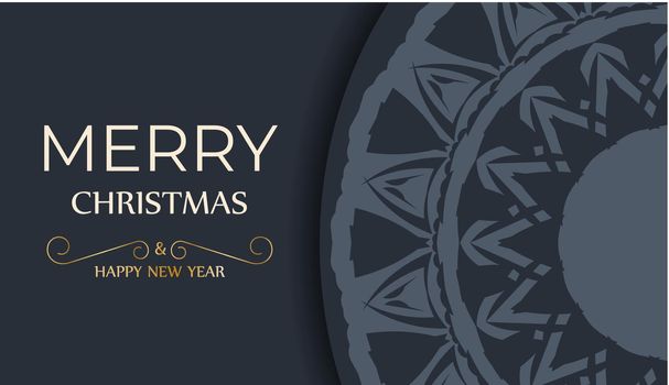 Postcard template Merry Christmas in dark blue color with luxurious blue pattern
