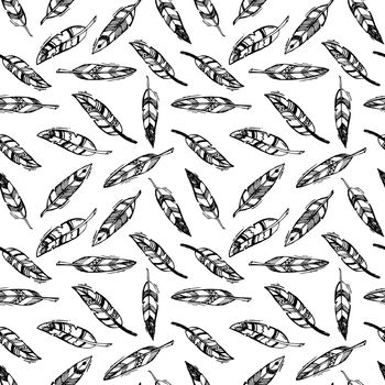 Feathers hand drawn vector seamless pattern. Boho style illustration.