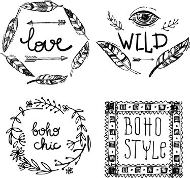 Set of Boho Style hand drawn elements. Boho vector illustration. Tribal elements for boho wedding.