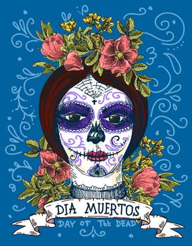 Dia muertos. Illustration for mexican day of the dead. Girl with make up of sugar skull.