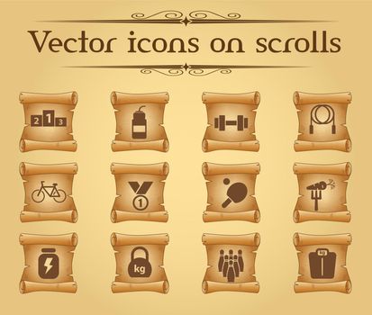 sport simple vector icons on ancient scrolls