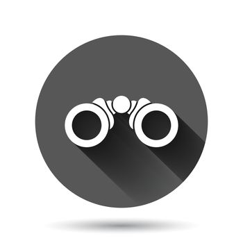 Binocular icon in flat style. Search vector illustration on black round background with long shadow effect. Zoom circle button business concept.
