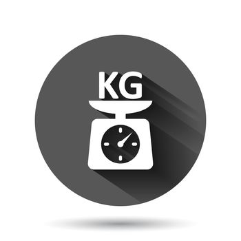 Scale icon in flat style. Kilogram dumbbell vector illustration on black round background with long shadow effect. Gym circle button business concept.
