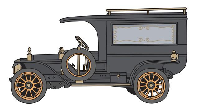 The hand draving of a vintage black funeral car
