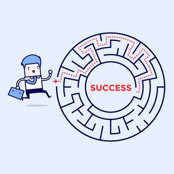 Businessman going to success in a maze. Cartoon character thin line style vector.