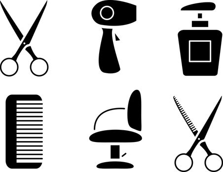 set of icons of hairdressing accessories such as scissors hair dryer comb chair shampoo. Tools for barbershops. Vector illustration isolated on a white background.