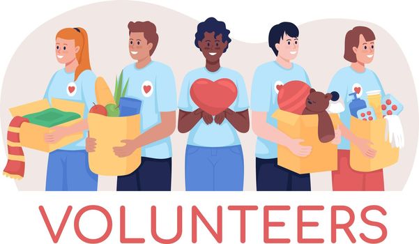 Volunteers 2D vector isolated illustration. Contributing to humanitarian aid. Smiling man and woman. Social service worker flat characters on cartoon background. Charity work colourful scene