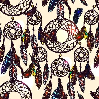 Beautiful hand drawn vector boho style illustration of dreamcatcher.Seamless pattern. Use for postcards, print for t-shirts, posters, wedding invitation, tissue, linens