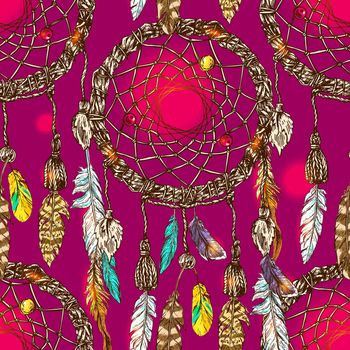 Beautiful hand drawn vector boho style illustration of dreamcatcher.Seamless pattern. Use for postcards, print for t-shirts, posters, wedding invitation, tissue, linens