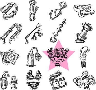 Set of beautiful hand-drawn icons sex shop devices for your design