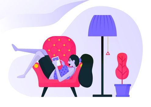 girl lying on the couch while reading a book under a decorative lamp. woman relaxing wear sexy or casual clothes. Flat vector illustration concept for Landing page, website, web, mobile apps, ui ux