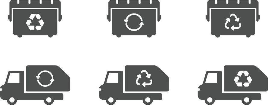 trash can and garbage truck vector icon set. garbage removal icons with recycle signs isolated on white background