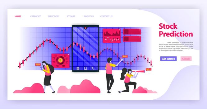 Predict stock prices and read related news to determine investment choices and financial decisions on the currency market with mobile apps. Flat vector illustration concept for Landing page, website