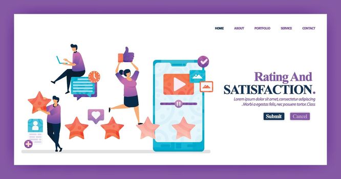 Landing page design of Satisfaction Rating with flat Illustration cartoon character. Business data visualization of layout diagram, banner, web design,  web page, website, homepage, mobile apps, UI.