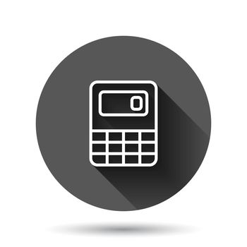 Calculator icon in flat style. Calculate vector illustration on black round background with long shadow effect. Calculation circle button business concept.