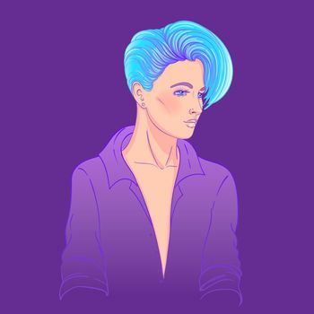 Portrait of a young pretty caucasian woman with short pixie cut. Dyed hair. Vector illustration isolated. Hand drawn art of a boyish looking girl. Modern street subculture haircut for woman.