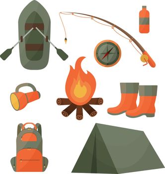 A set of images on the topic of tourism, travel, fishing, outdoor recreation. Consisting of a tent, fishing rod, fire. A compass, a backpack, a boat, and also boots and a lantern. Vector illustration.