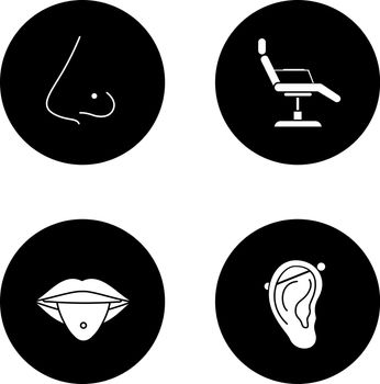 Tattoo studio glyph icons set. Piercing service. Pierced nose and tongue, tattoo chair, industrial piercing. Vector white silhouettes illustrations in black circles