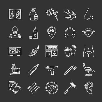 Tattoo studio chalk icons set. Piercing service. Tattoo sketches, instruments and equipment. Isolated vector chalkboard illustrations