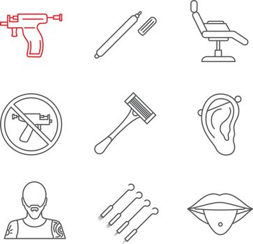 Tattoo studio linear icons set. Highlighter, tattoo chair, piercing gun prohibition, razor, pierced ear and tongue, tattooist, needles. Thin line contour symbols. Isolated vector outline illustrations
