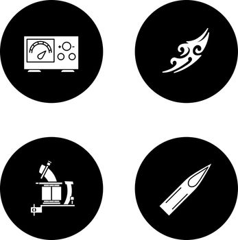 Tattoo studio glyph icons set. Piercing service. Power supply, tattoo machine, sketch, ink needle tip. Vector white silhouettes illustrations in black circles