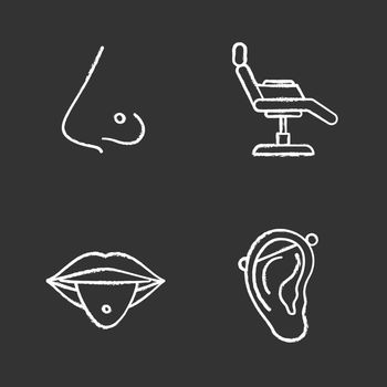 Tattoo studio chalk icons set. Piercing service. Pierced nose and tongue, tattoo chair, industrial piercing. Isolated vector chalkboard illustrations