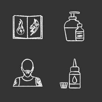 Tattoo studio chalk icons set. Piercing service. Tattoo sketches book, antibacterial liquid, tattooist, ink bottle and cap. Isolated vector chalkboard illustrations