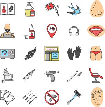 Tattoo studio color icons set. Piercing service. Tattoo sketches, instruments and equipment. Isolated vector illustrations