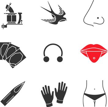 Tattoo studio glyph icons set. Tattoo machine, swallow, pierced nose and tongue, plaster, earring, needle tip, medical gloves, navel piercing. Silhouette symbols. Vector isolated illustration