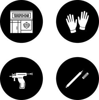Tattoo studio glyph icons set. Piercing service. Tattoo parlour exterior, medical gloves, piercing gun, highlighter. Vector white silhouettes illustrations in black circles