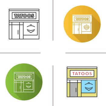 Tattoo studio facade icon. Tattoo parlour exterior. Flat design, linear and color styles. Isolated vector illustrations