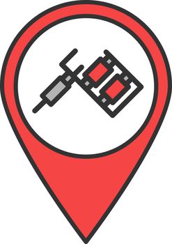 Tattoo studio location color icon. Map pinpoint with tattoo machine. Isolated vector illustration