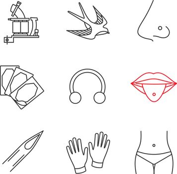 Tattoo studio linear icons set. Tattoo machine, swallow, pierced nose and tongue, plaster, ring, needle, medical gloves, piercing. Thin line contour symbols. Isolated vector outline illustrations
