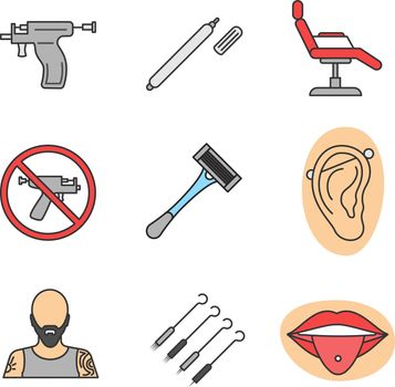 Tattoo studio color icons set. Piercing service. Highlighter, tattoo chair, piercing gun prohibition, razor, pierced ear and tongue, tattooist, ink needles pack. Isolated vector illustrations
