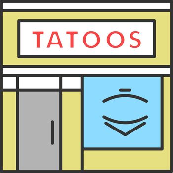 Tattoo studio facade color icon. Tattoo parlour exterior. Isolated vector illustration