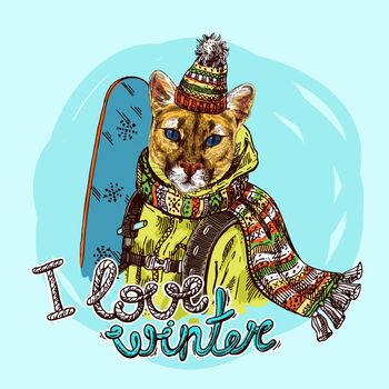 Hand drawn vector print I love winter. Animal with snowboard. Sketch style drawing.