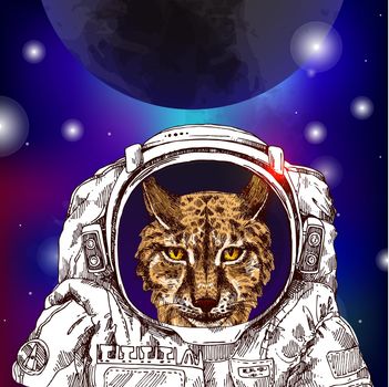 lynx in astrounaut helmet sketch. Hand drawn vector illustration. Perfect for print for t-shirt, poster.